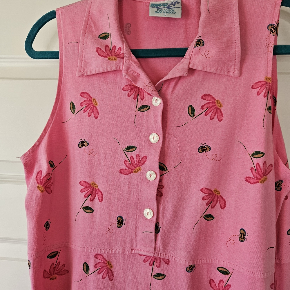 Vintage 90s Zip Code Pink Floral Bumble Bee Cotton Knit Maxi Dress - Large - Picture 3 of 6